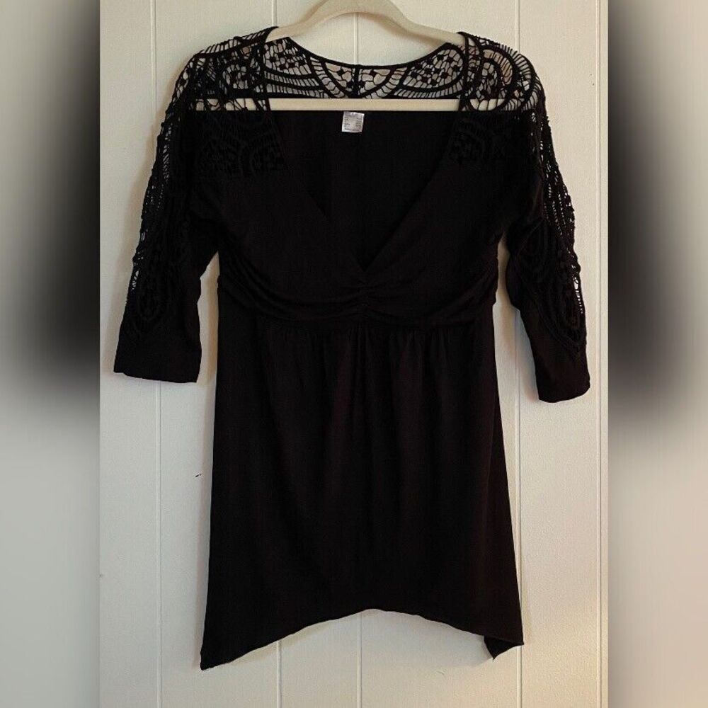 Venus Blouse Womens Large Black Lace Trim Asymmetrical Rouche Bust Whimsigoth